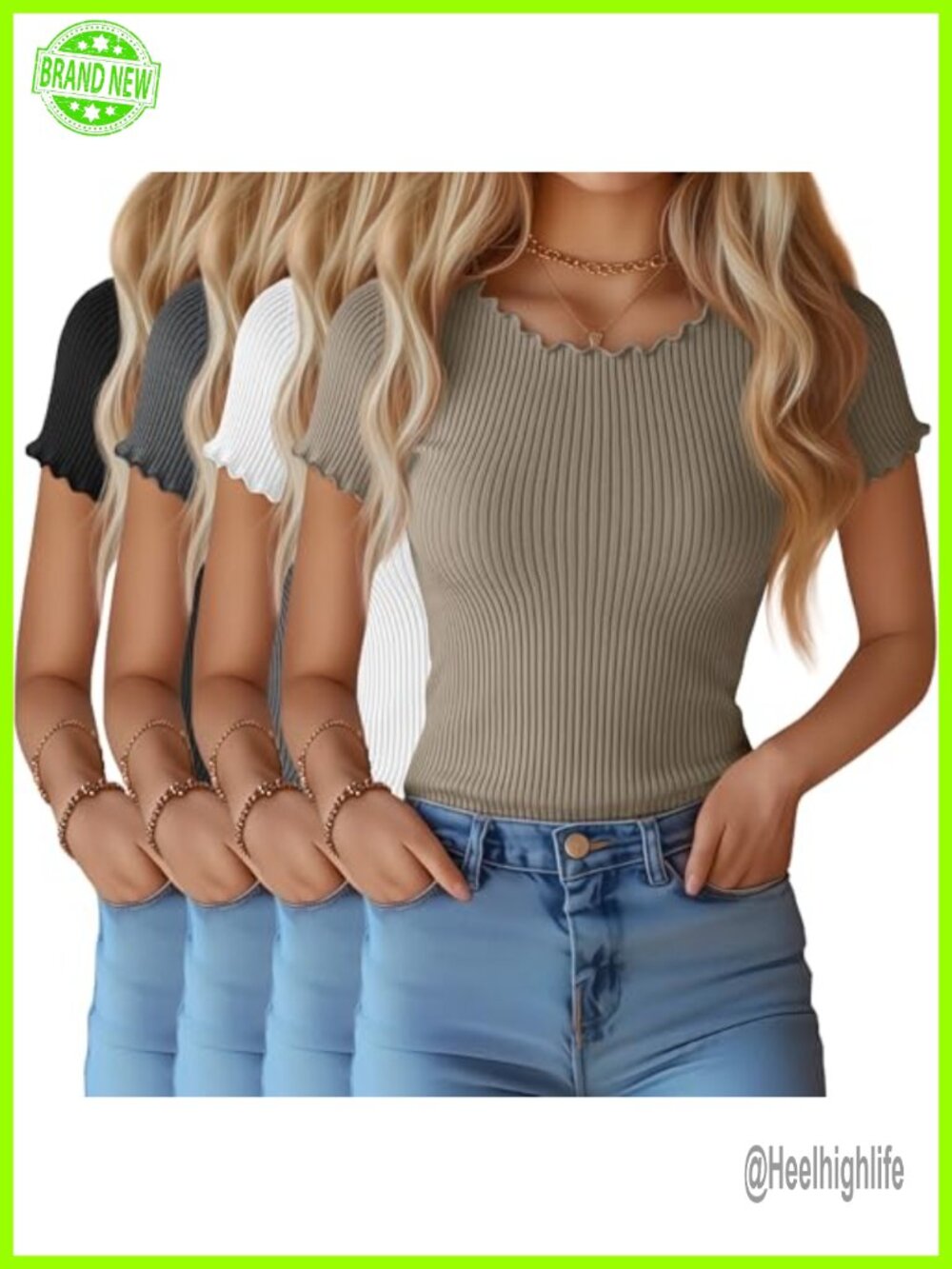 4 Pack Women's Cotton Lettuce Trim Short Sleeve Ribbed T-Shirts